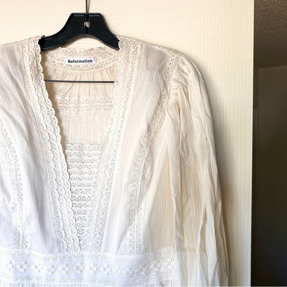 Reformation Dress Elisabetta Lace Long-Sleeve Cotton Mini Peasant Cream 10 EUC - Picture 6 of 10